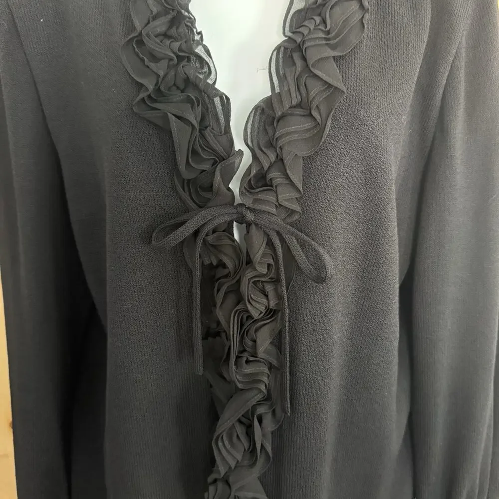 St.John Essentials Black Santana Knit Silk Ruffle Flutter Sleeve Cardigan Sz 12